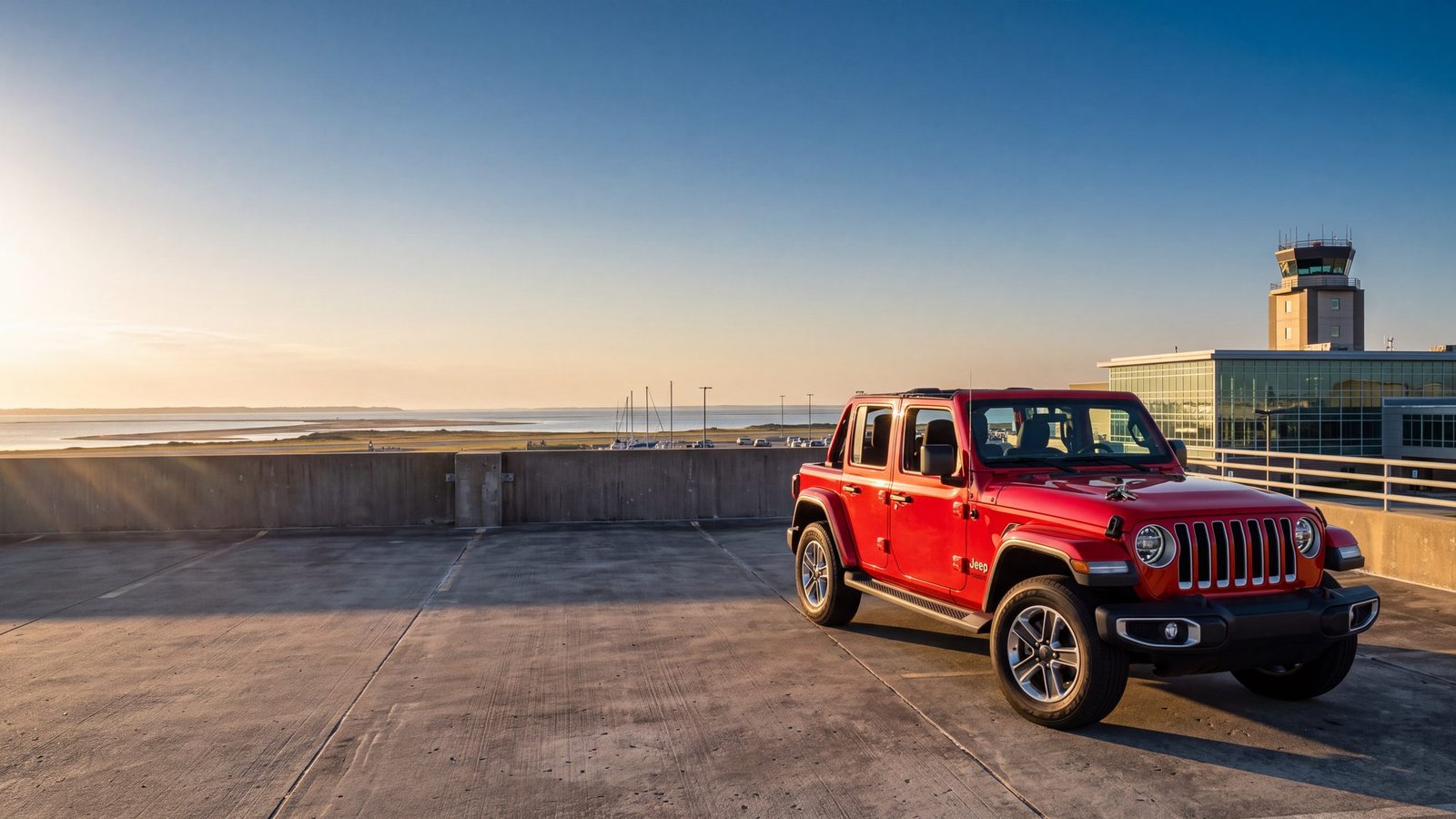 A red Jeep Wrangler JL Unlimited parked on the top deck of the airport parking garage at Norfolk International at golden hour with its doors closed and keys on the hood