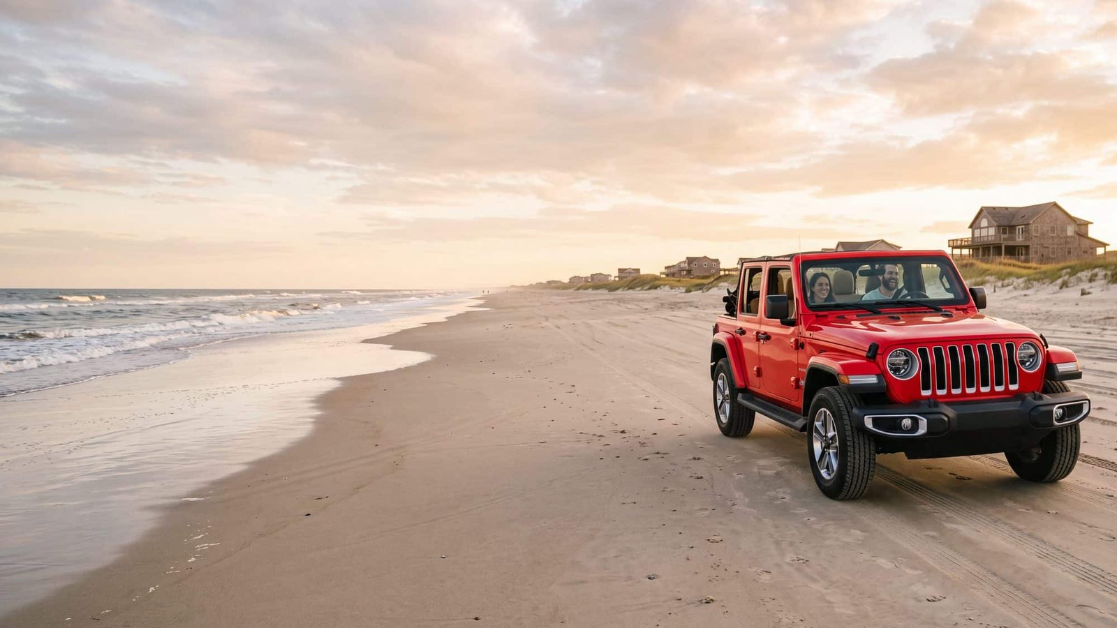 A red Jeep Wrangler JL Unlimited driving north on a wide empty beach with cedar-shingled houses far ahead in the dunes, a couple inside seated and belted — Outer Banks, NC