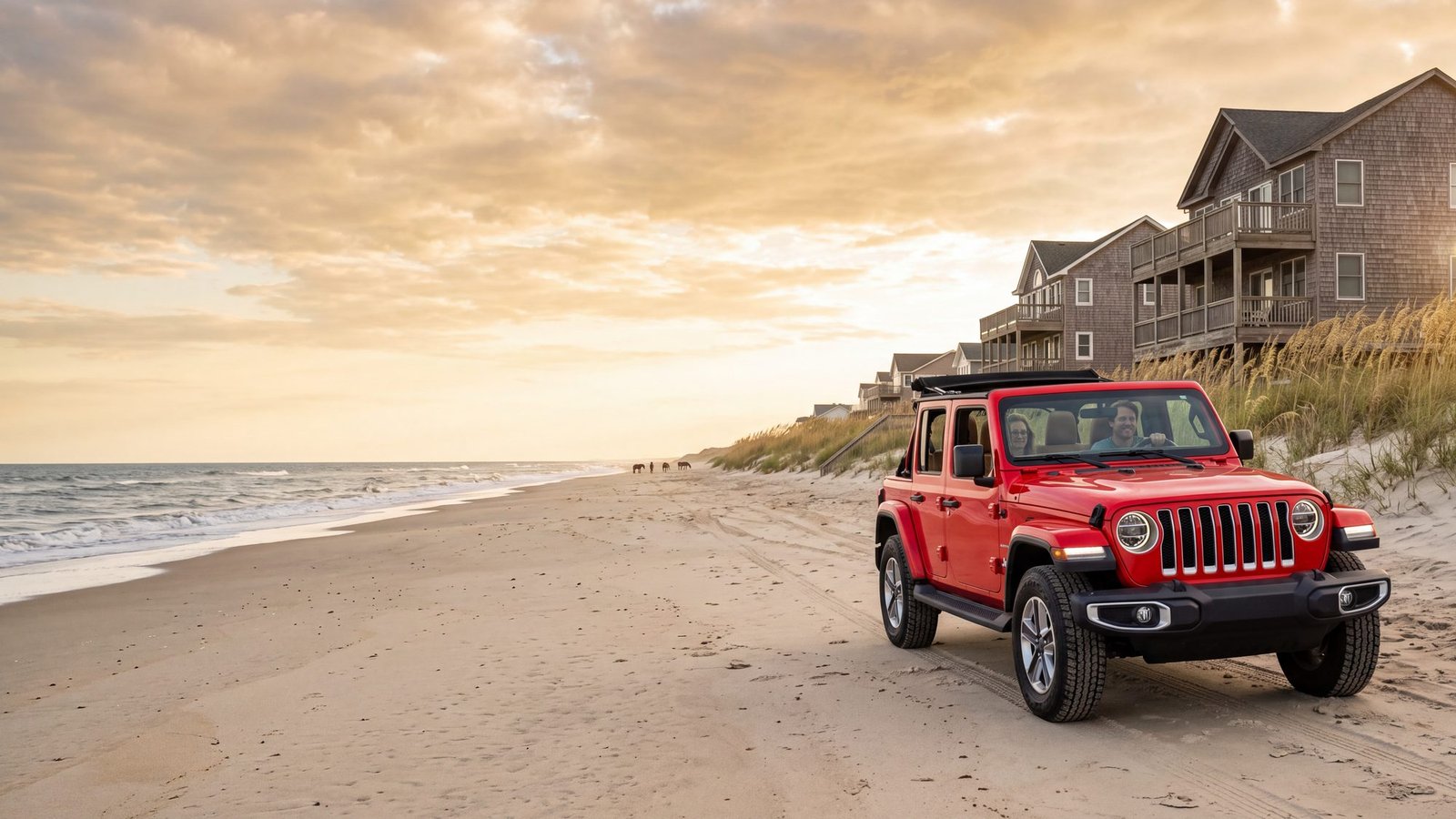 A red Jeep Wrangler JL Unlimited driving on hard sand past tall cedar-shingled beach houses standing in the dunes with no paved road — Outer Banks, NC