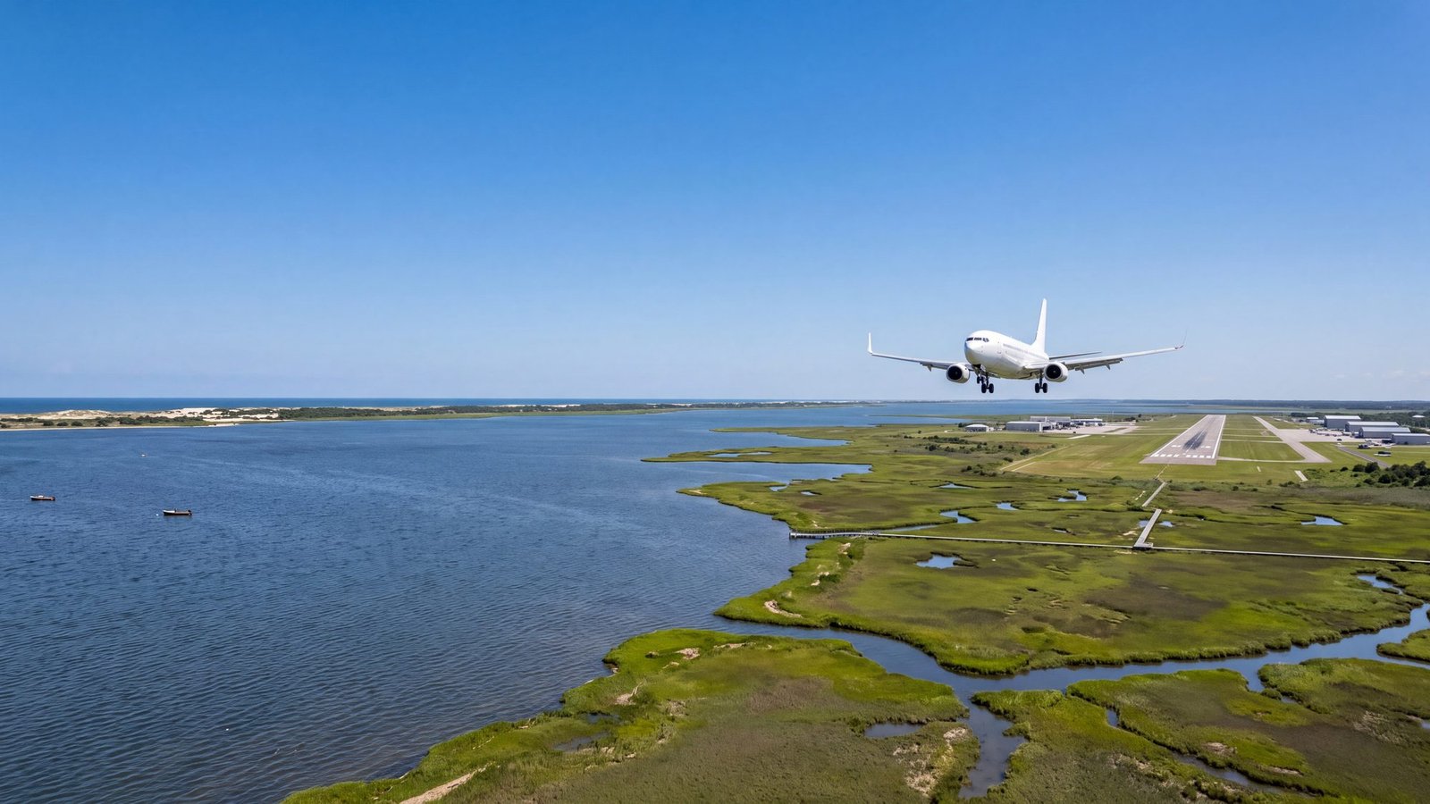A white airliner with unmarked livery on final approach low over flat green marshland and a wide bay toward a distant airport — Outer Banks, NC