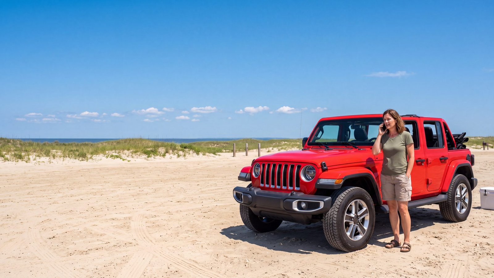 A woman standing beside a red Jeep Wrangler JL Unlimited on a sandy lot talking on her phone — Outer Banks, NC