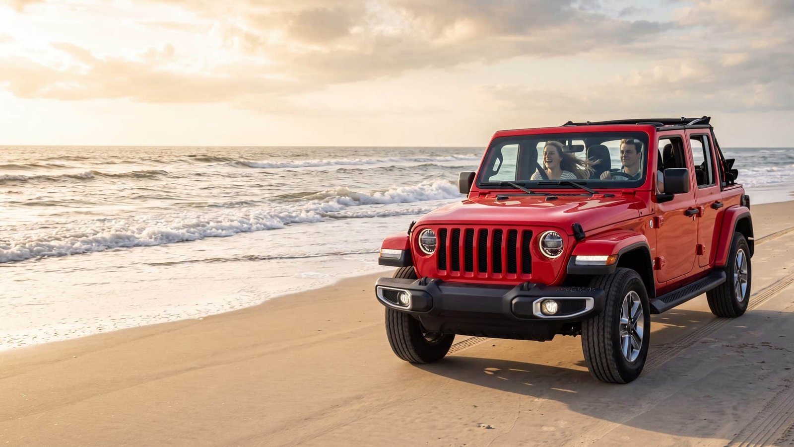 A red Jeep Wrangler JL Unlimited driving along the tide line with a young couple inside, both seated and belted — Outer Banks, NC