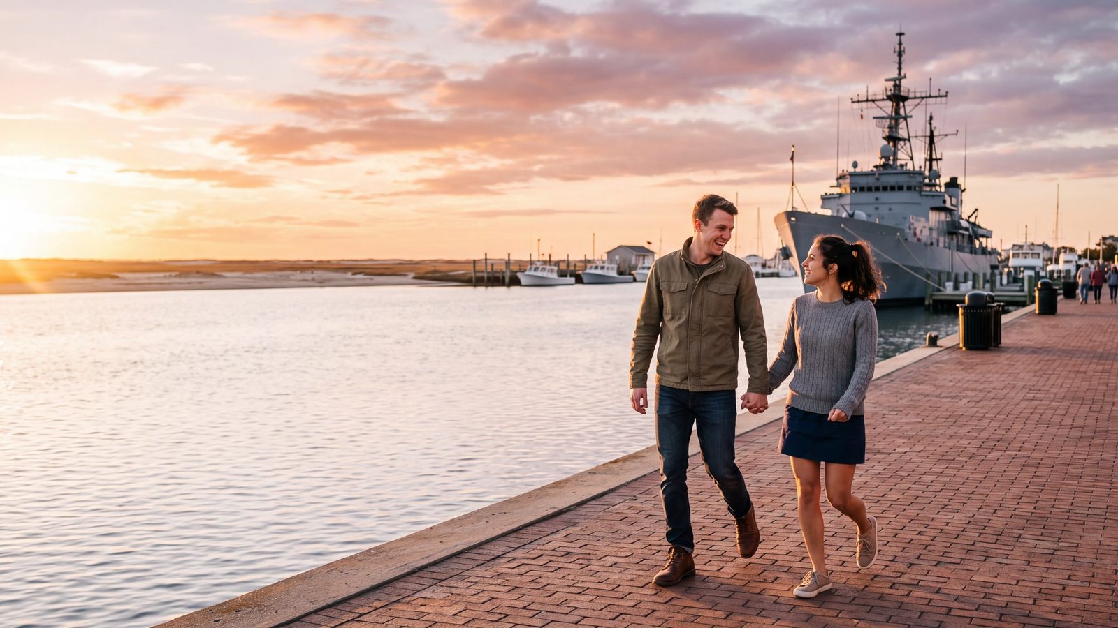 A couple walking along a brick waterfront promenade beside the calm harbor with a tall grey navy ship moored across the water — Norfolk, VA
