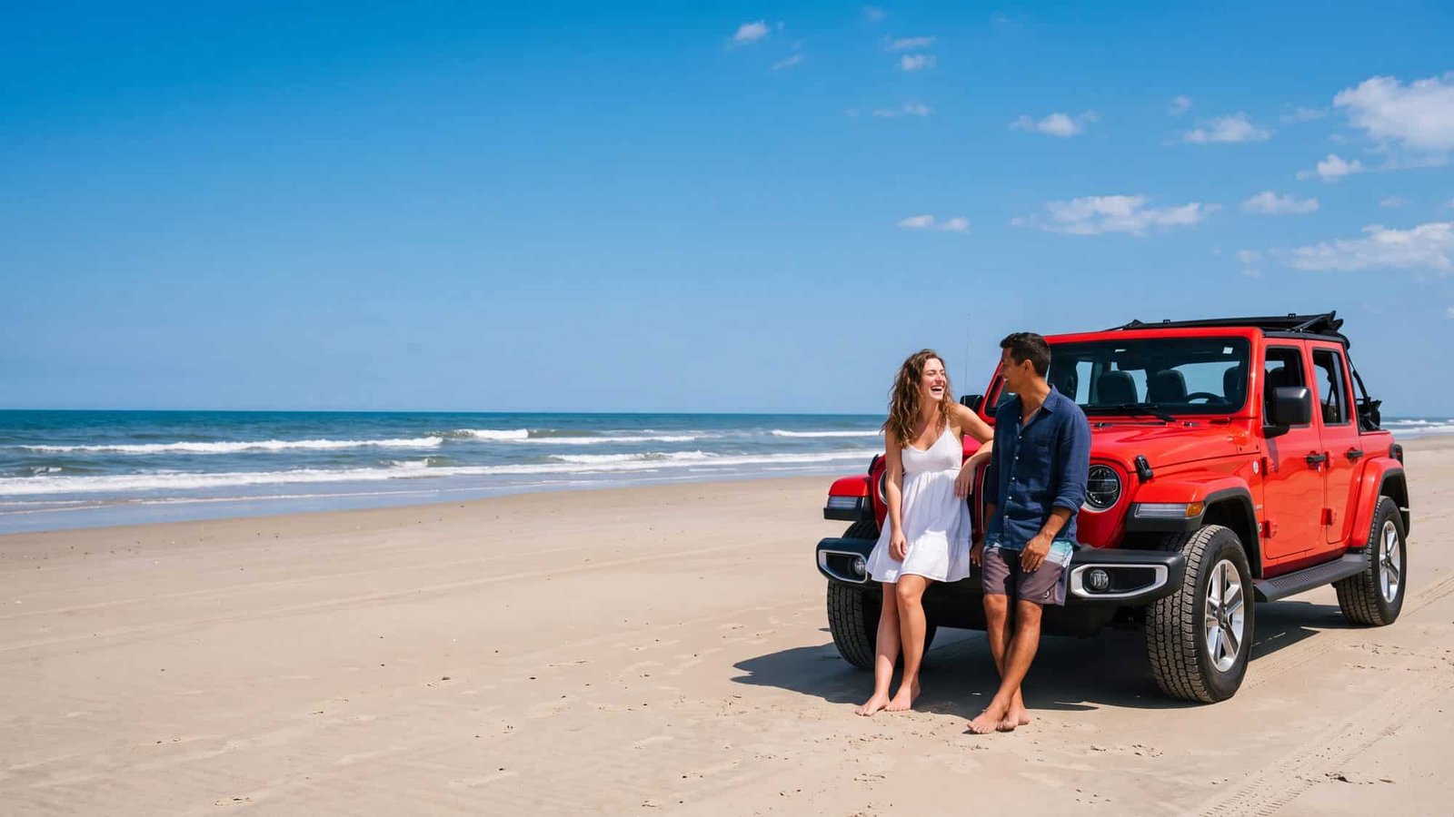 A red Jeep Wrangler JL Unlimited parked on hard sand with a couple leaning on its front fender talking — Outer Banks, NC