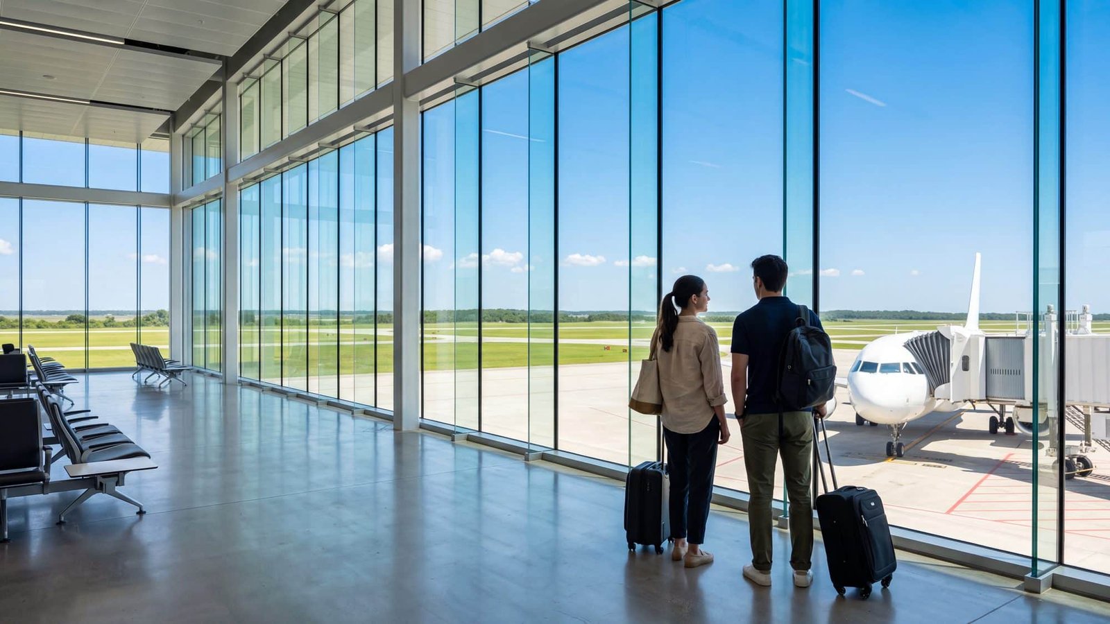Inside a bright modern airport terminal, a couple with carry-ons at a tall glass wall looking out at a white airliner parked at a jet bridge — Norfolk International (ORF)