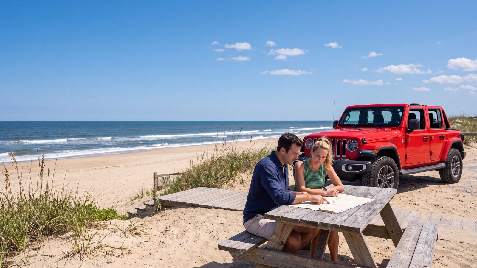 A couple at a picnic table at the top of a beach access studying a folded paper map with a red Jeep Wrangler JL Unlimited parked behind them — Outer Banks, NC