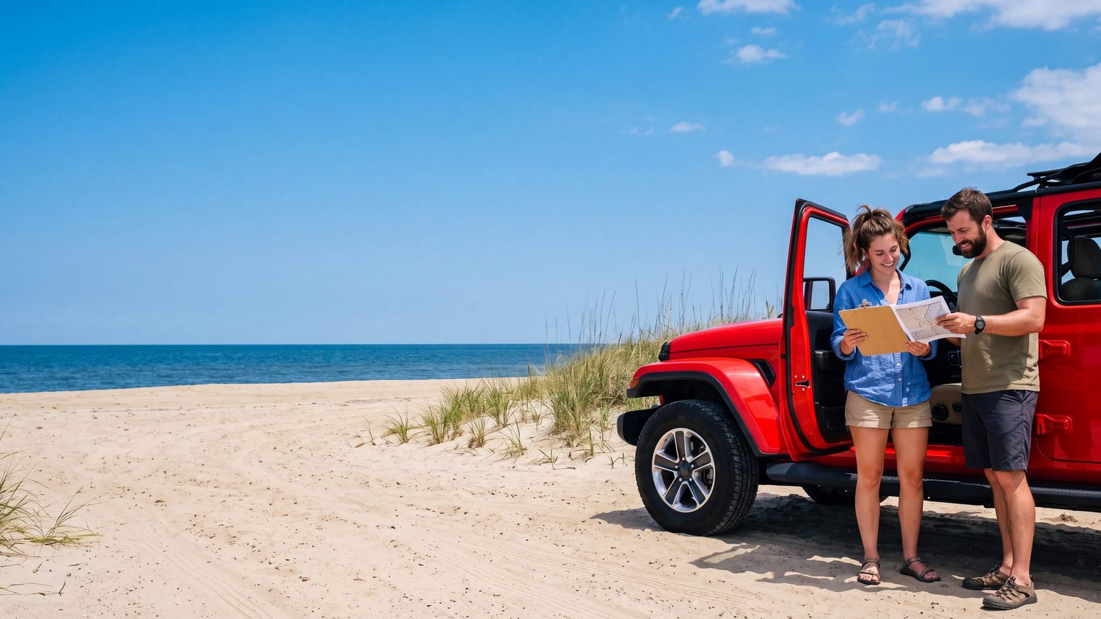 A couple at the open driver door of a red Jeep Wrangler JL Unlimited parked on a sandy lot reading a printed sheet on a clipboard together — Outer Banks, NC