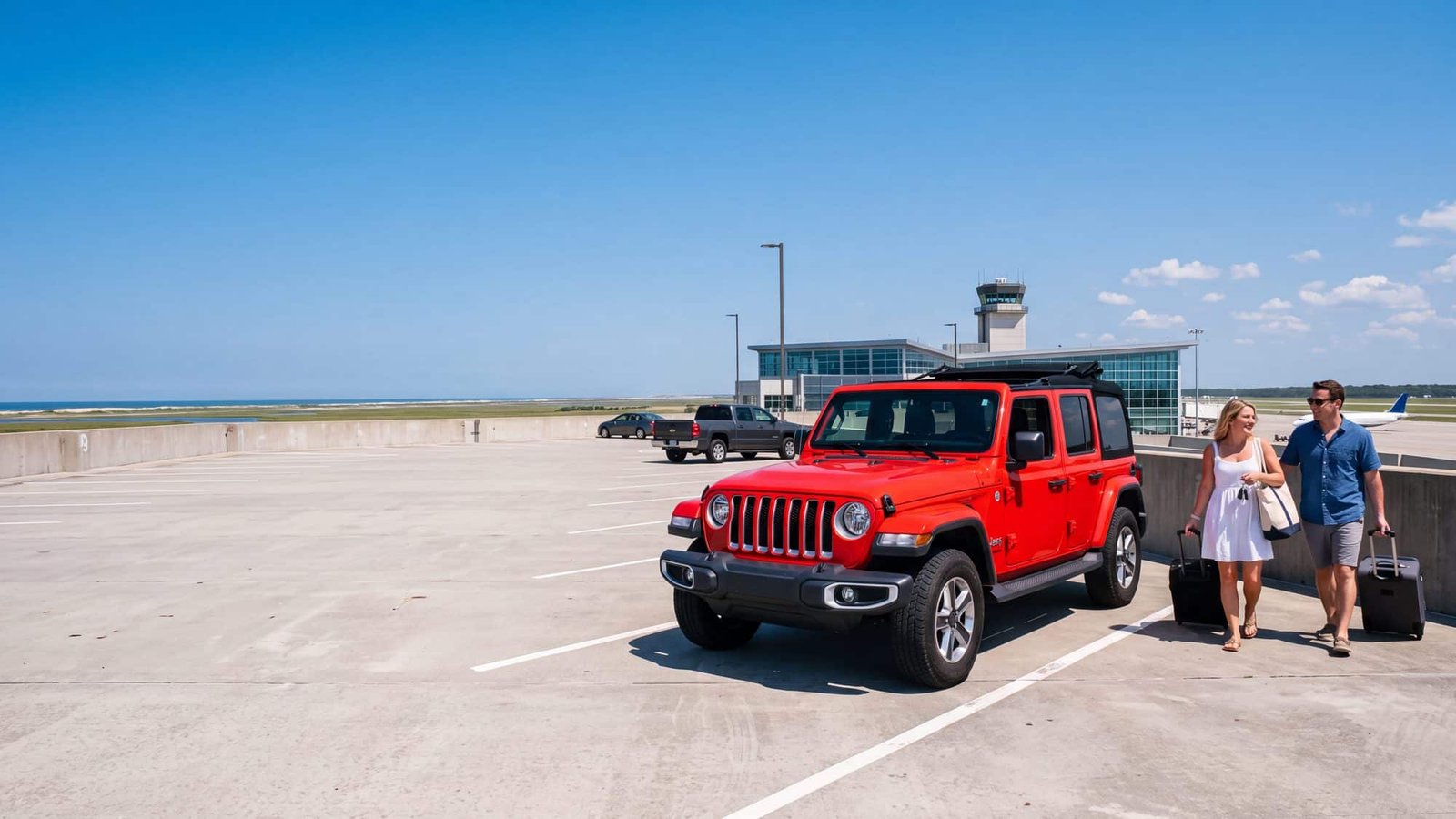 A red Jeep Wrangler JL Unlimited parked on the top deck of the airport parking garage at Norfolk International, a couple with rolling suitcases walking toward it, keys in hand