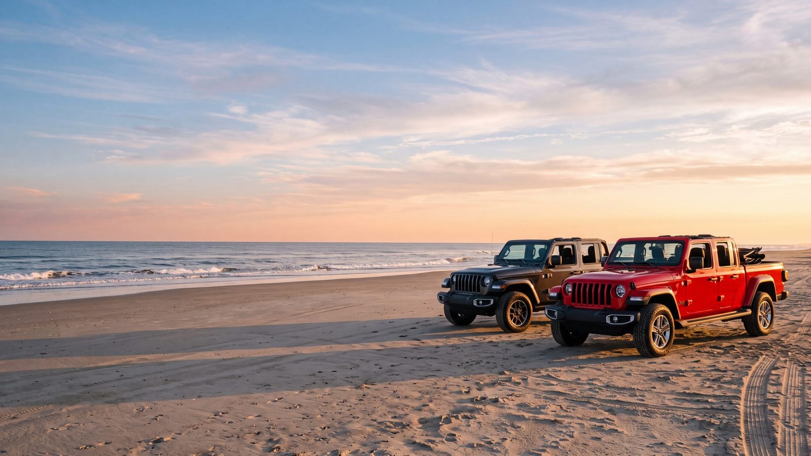 A red Jeep Wrangler JL Unlimited and a dark grey Jeep Gladiator parked side by side on hard sand, both empty — Outer Banks, NC