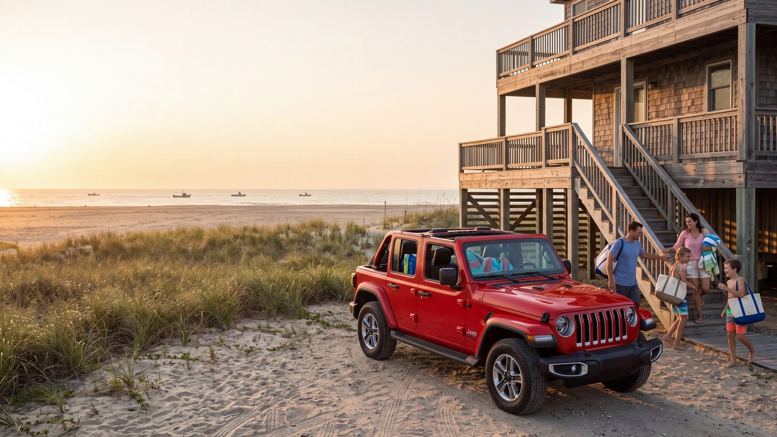 A red Jeep Wrangler JL Unlimited parked in the sandy driveway of a tall cedar-shingled beach house on pilings, a family carrying bags up the outside stairs — Outer Banks, NC