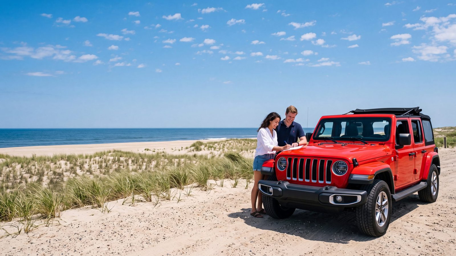 A couple signing a printed form on the hood of a red Jeep Wrangler JL Unlimited parked on a sandy lot — Outer Banks, NC