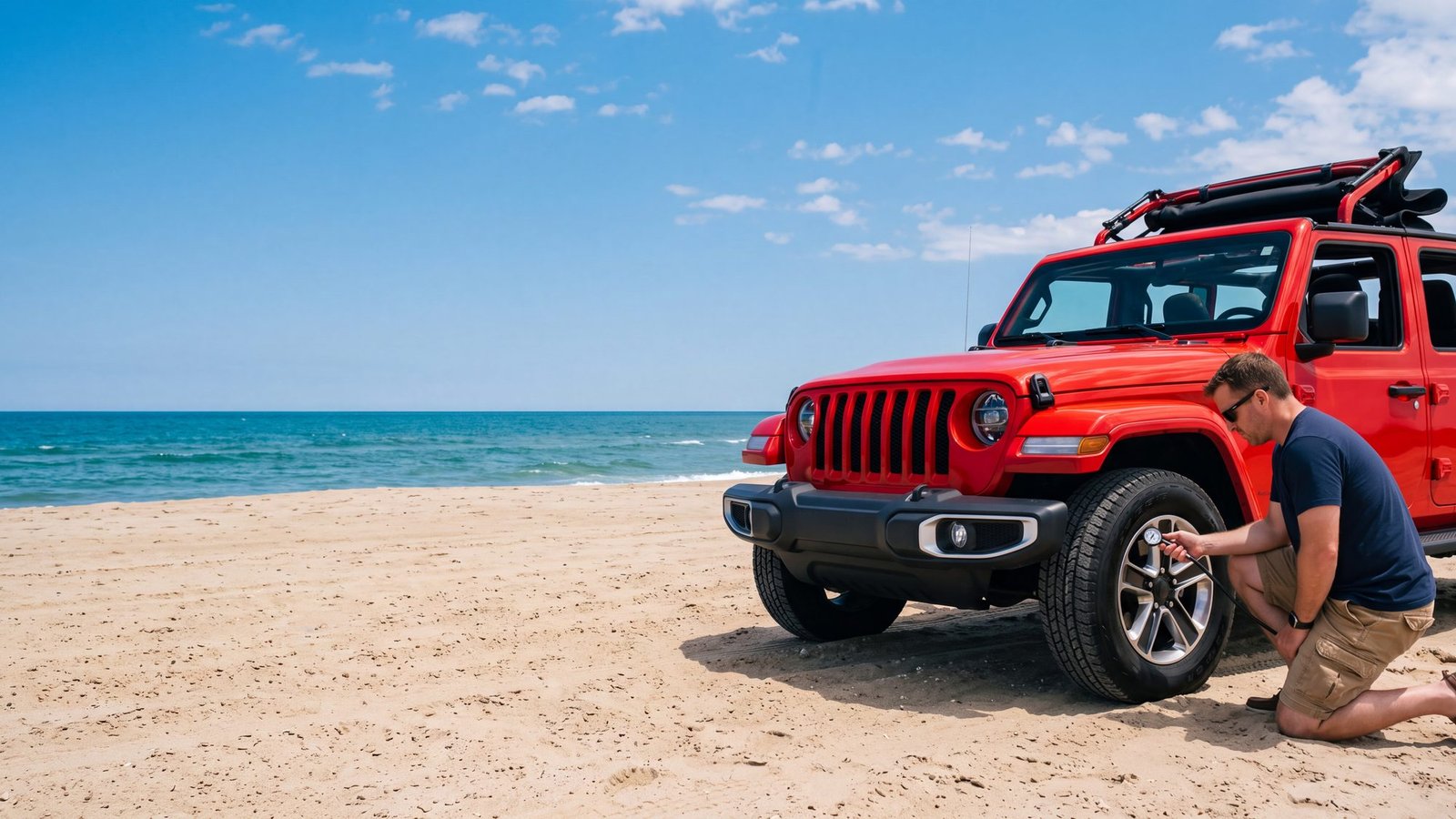 A red Jeep Wrangler JL Unlimited parked on hard sand with a man checking the tire pressure at the front wheel with a small gauge — Outer Banks, NC