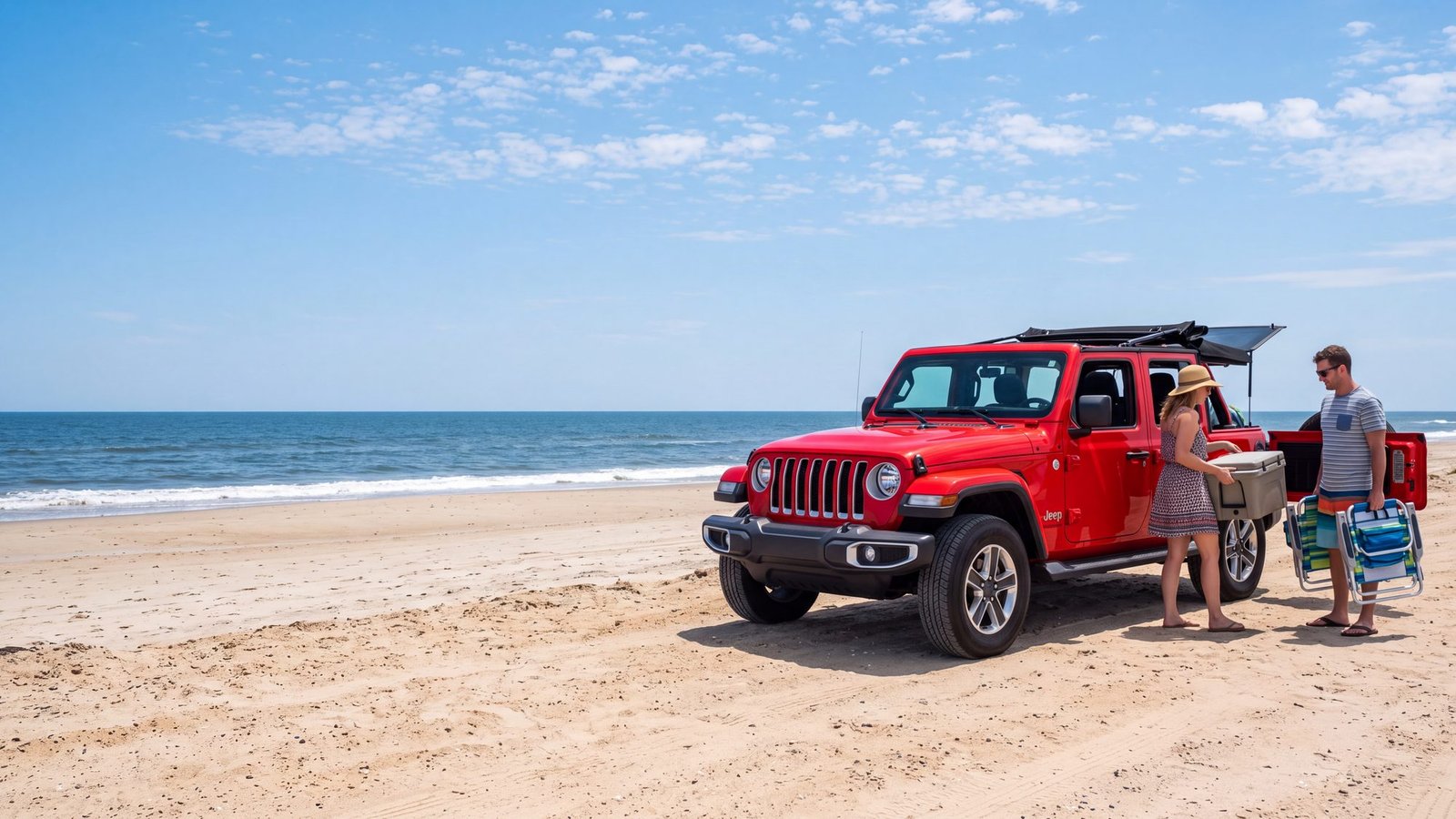 A red Jeep Wrangler JL Unlimited parked at the top of a beach access with a couple loading a cooler and chairs into the back — Outer Banks, NC
